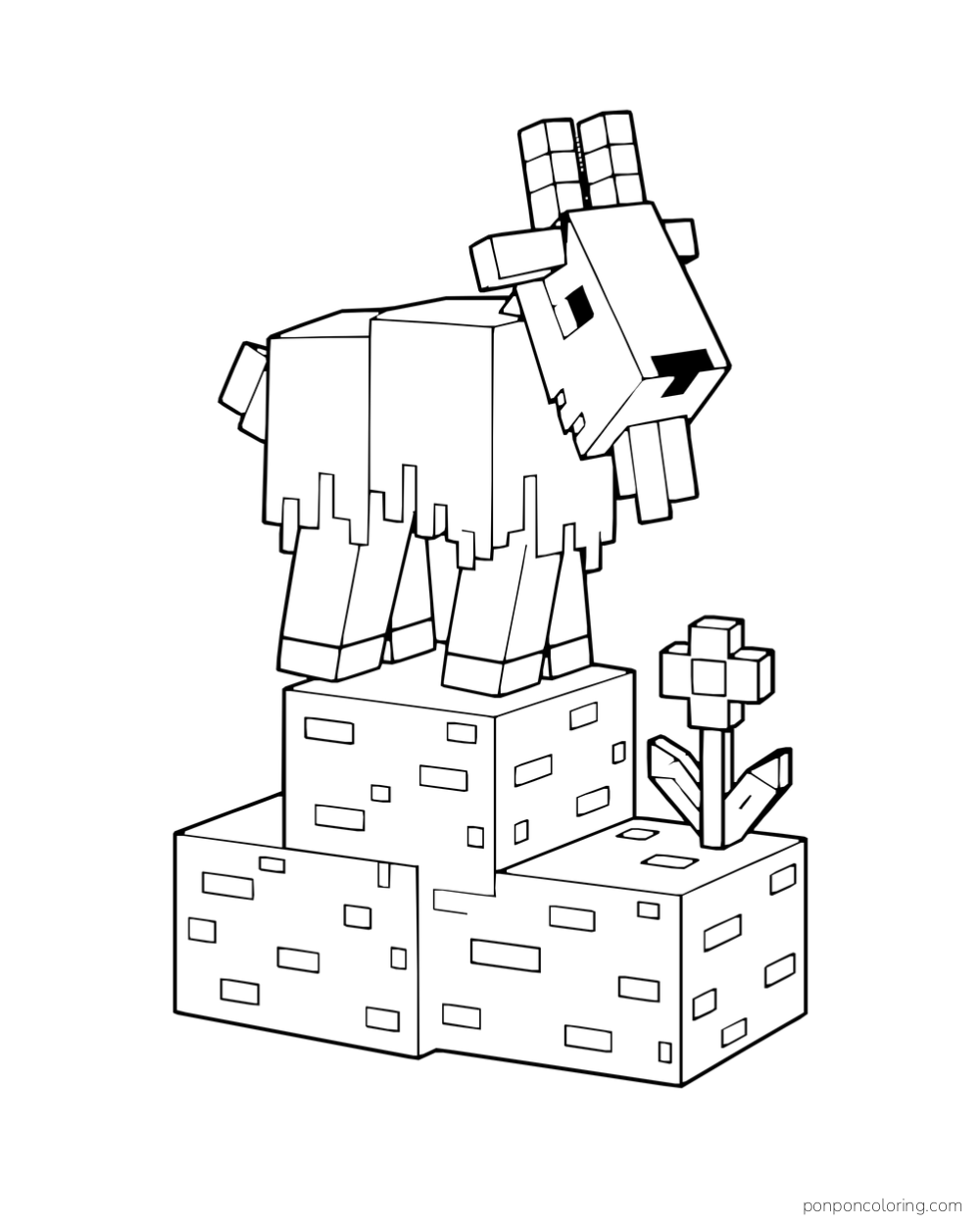 A Minecraft goat stands on stacked stone blocks beside a flower.
