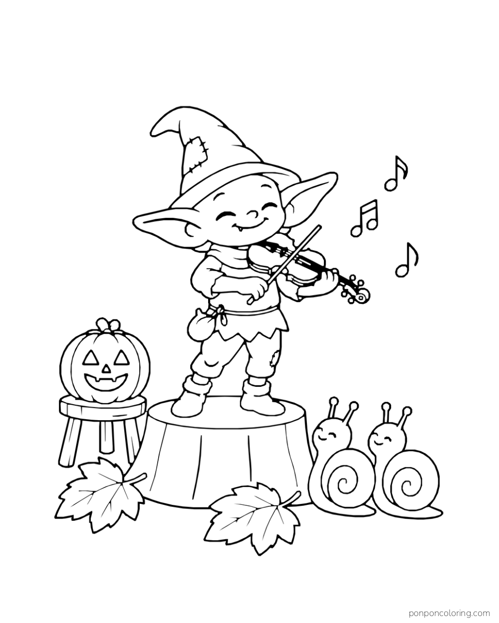A tiny goblin plays a fiddle on a stump for two smiling snails beside a pumpkin lantern.