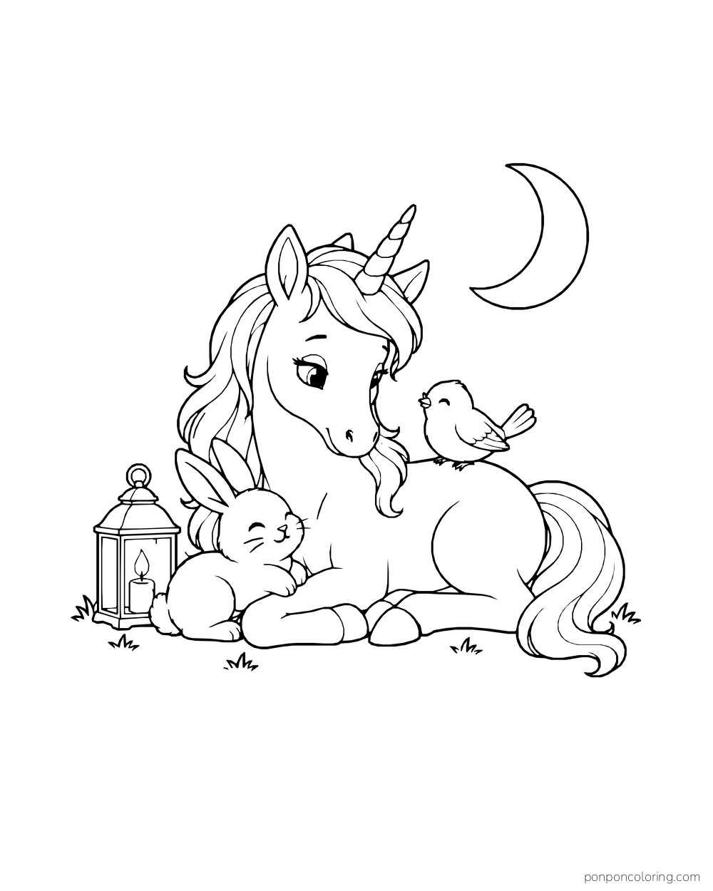 A reclining unicorn rests beside a rabbit and bird beneath a crescent moon.