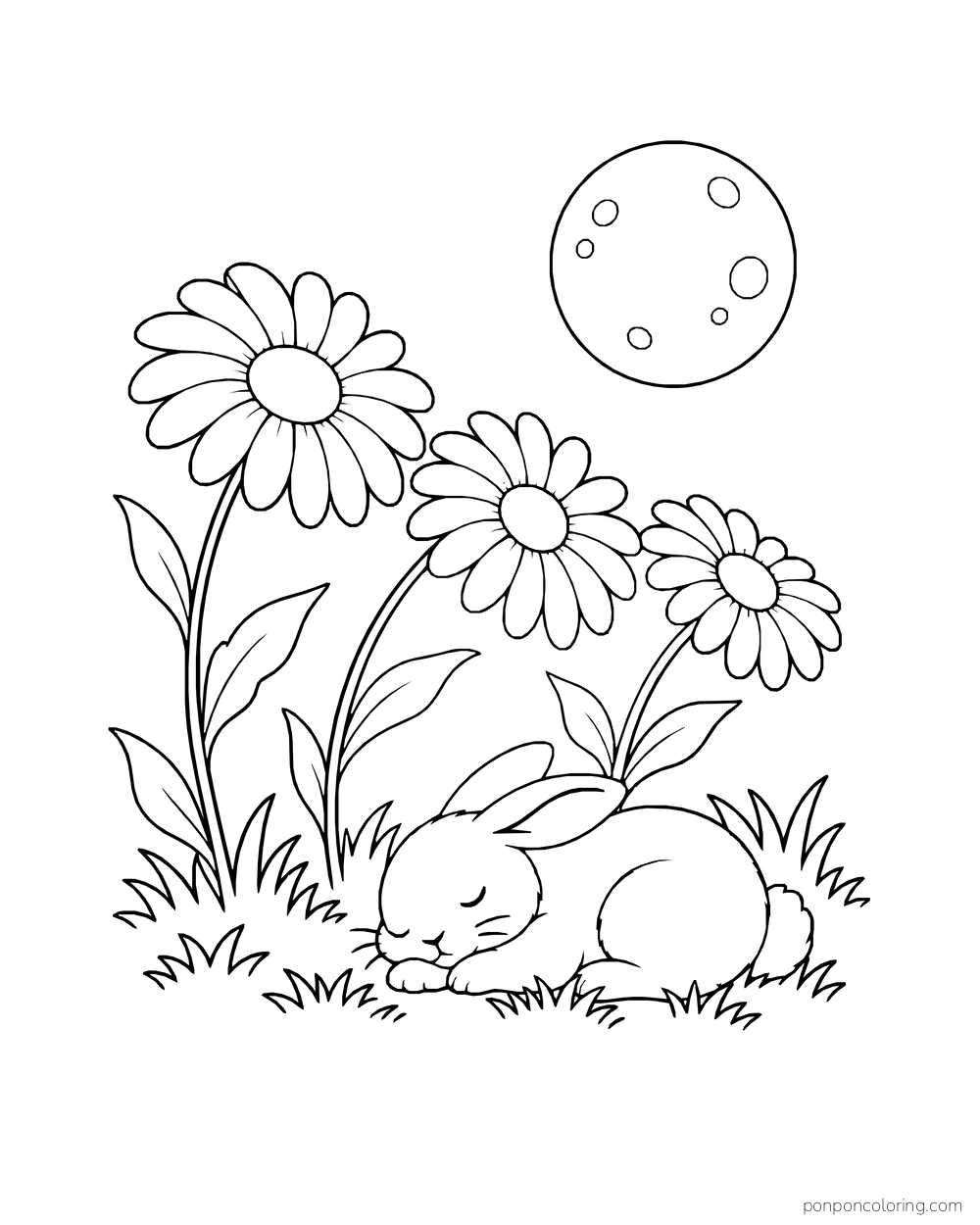 A rabbit sleeps in the grass beside three daisies beneath a round moon.