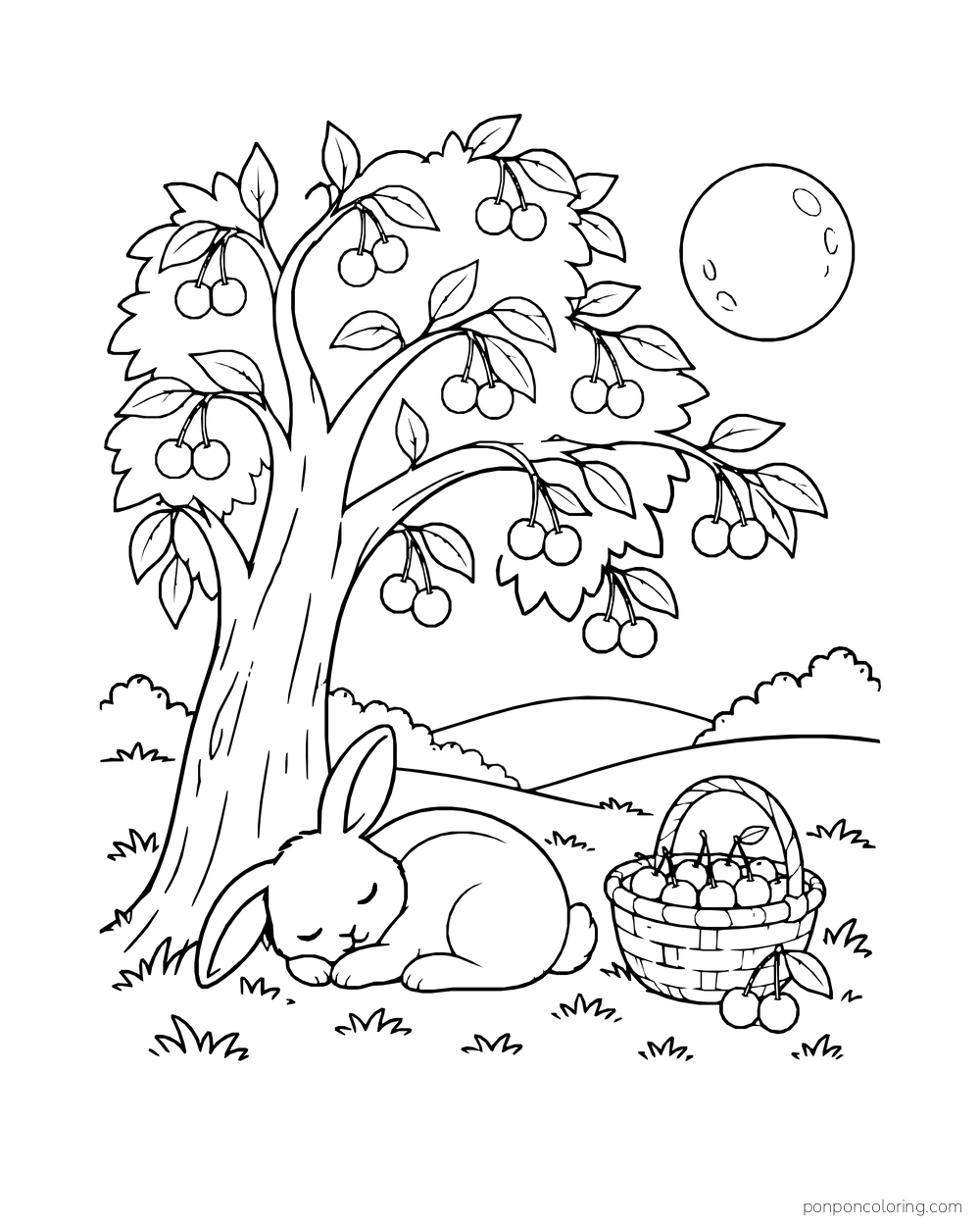 A rabbit sleeps below a fruiting cherry tree beside a basket under a round moon.