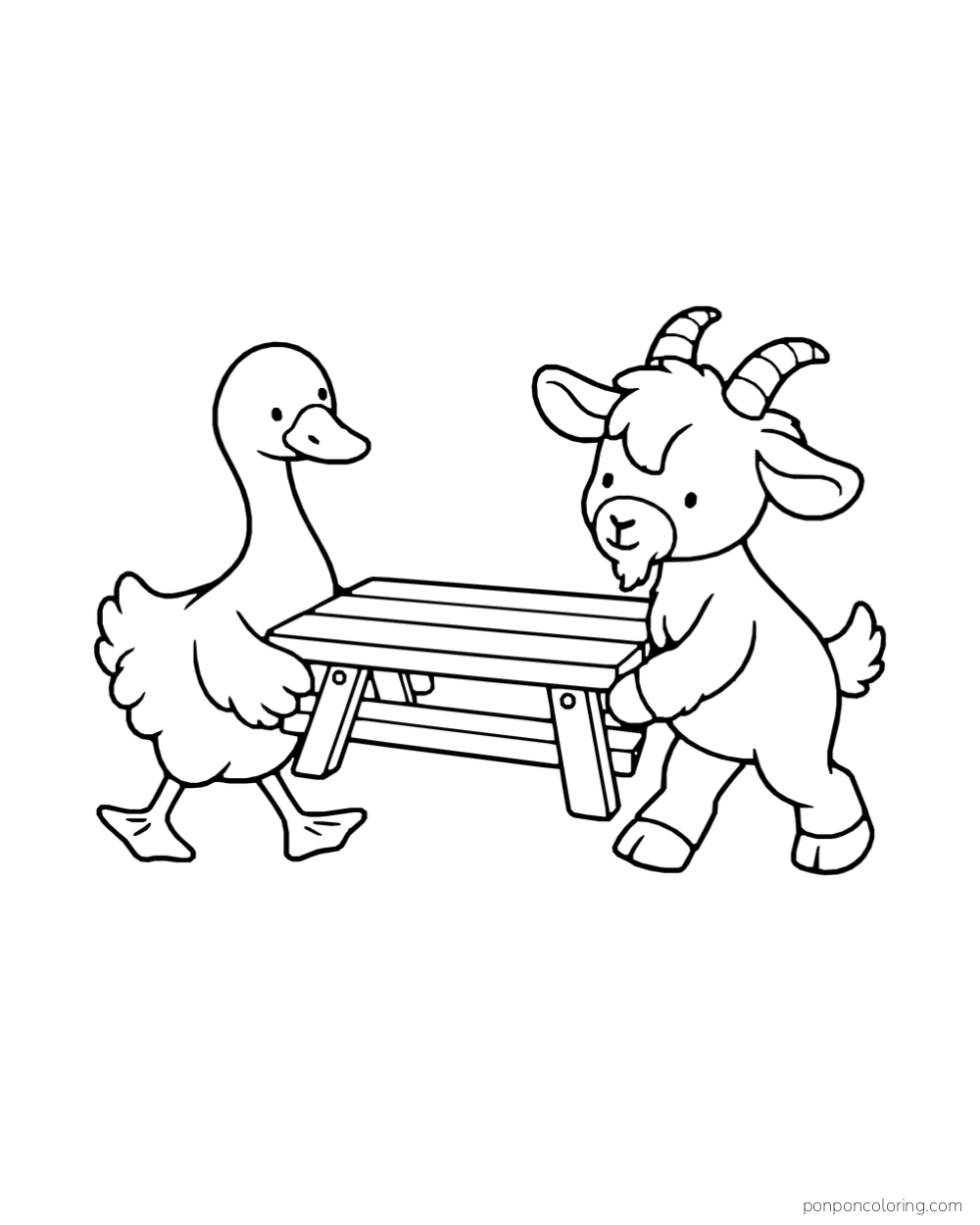 A goose and goat hold opposite ends of a small bench.