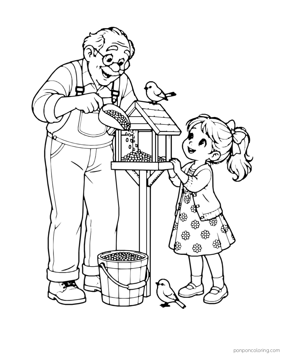 A grandfather pours seed into a freestanding bird feeder while a girl watches the birds.