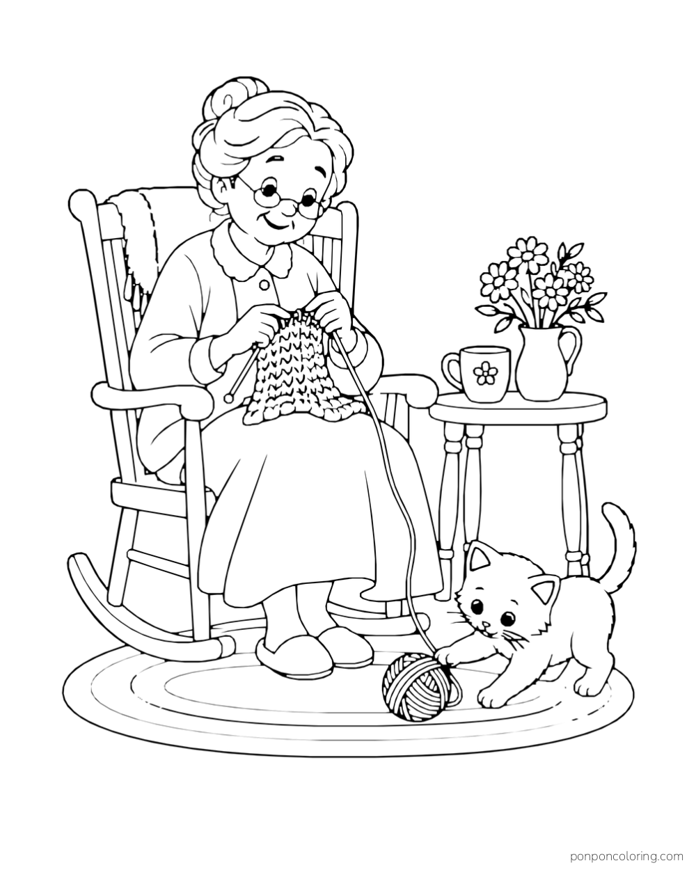 A grandmother knits in a rocking chair while a kitten reaches for her ball of yarn beside a table with flowers and a mug.