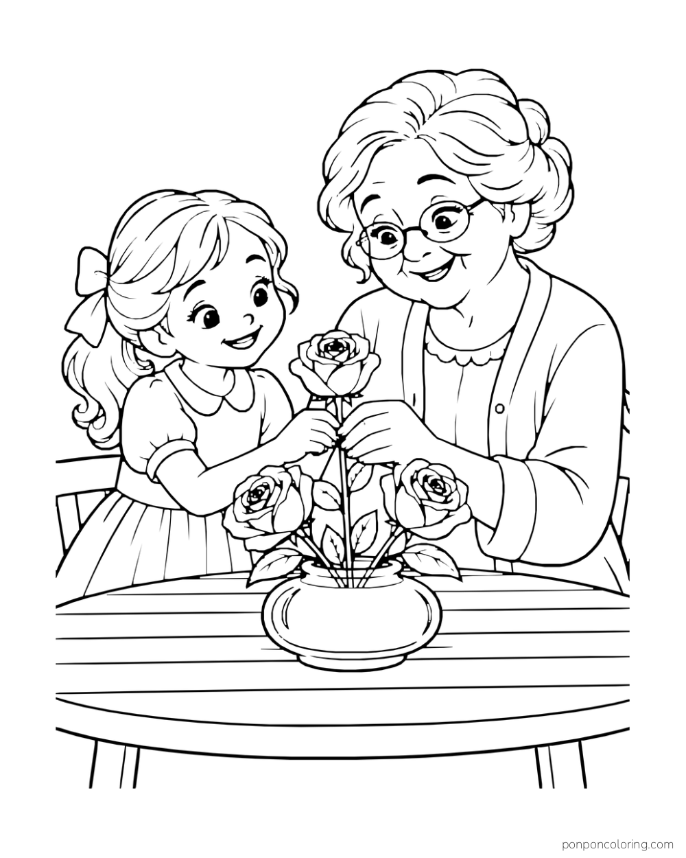 Grandmother and child holding a rose stem together over a vase on an outdoor table.