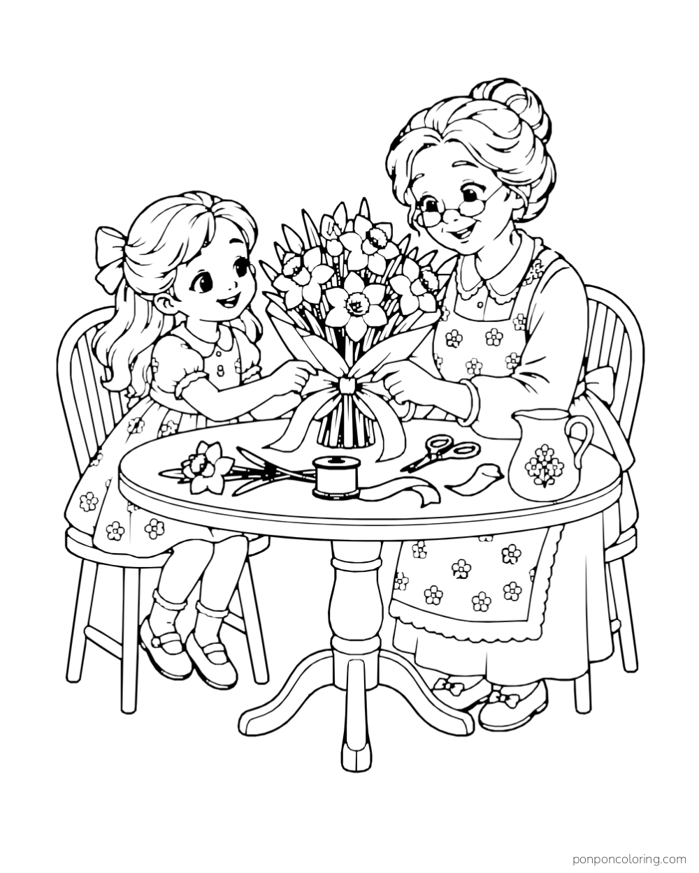 A grandmother and girl tie a ribbon around a bouquet at a round table.