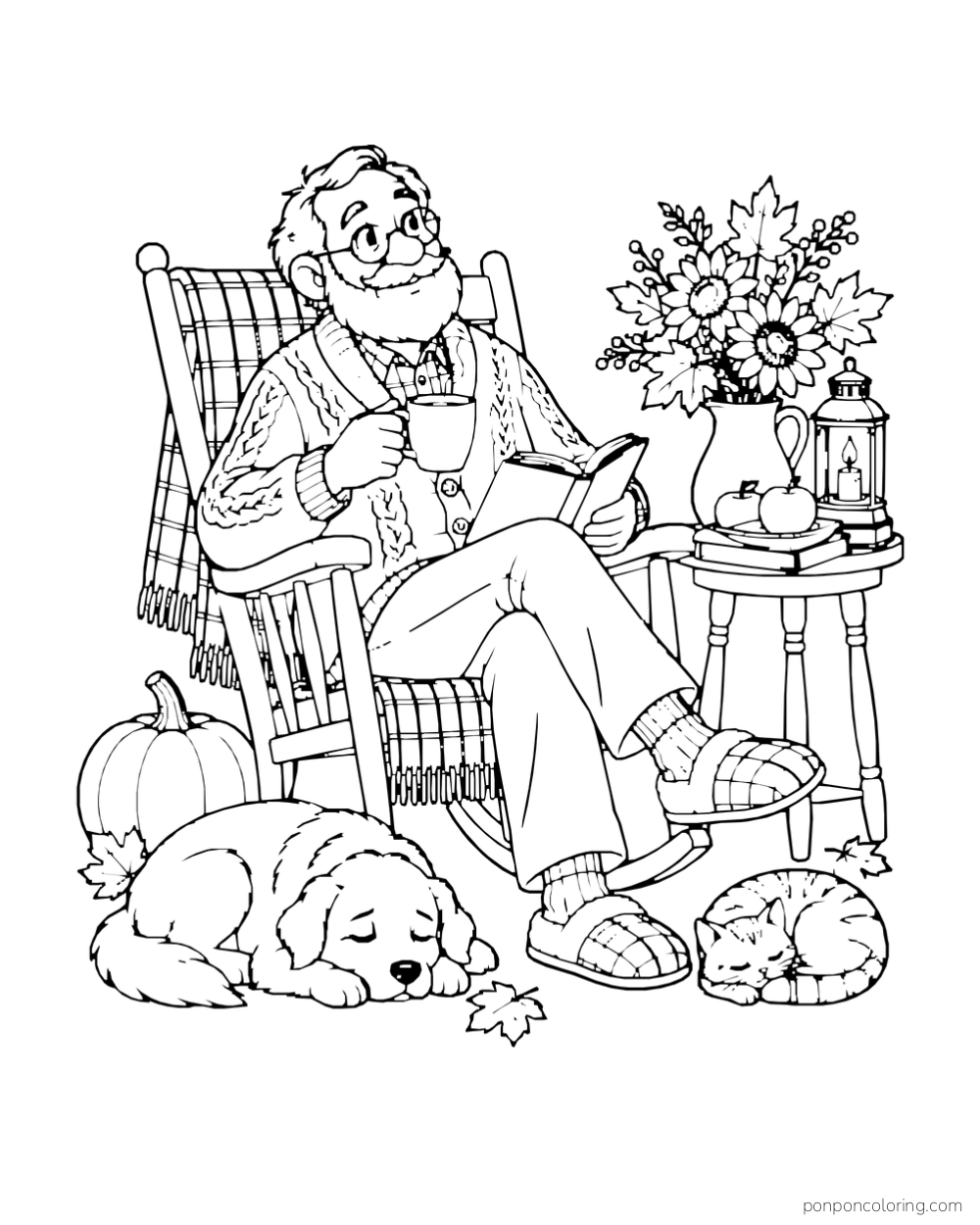 A grandfather reads with a warm mug in a rocking chair beside a sleeping dog and cat.