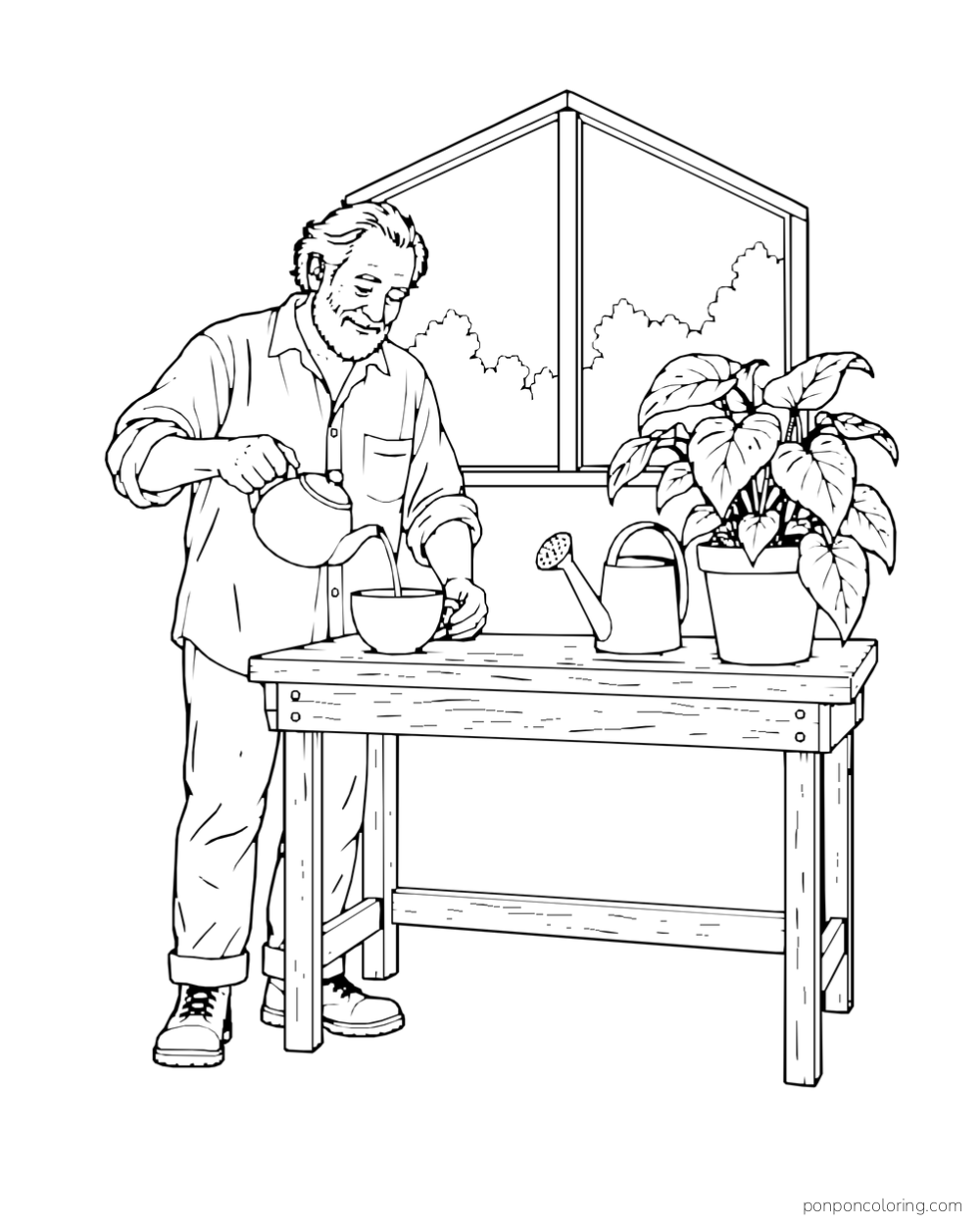 Gardener pours from a teapot at a greenhouse workbench with a watering can and potted plant.