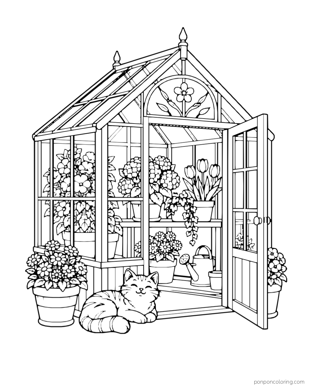 A cat sleeps beside the open door of a greenhouse filled with flowering plants.
