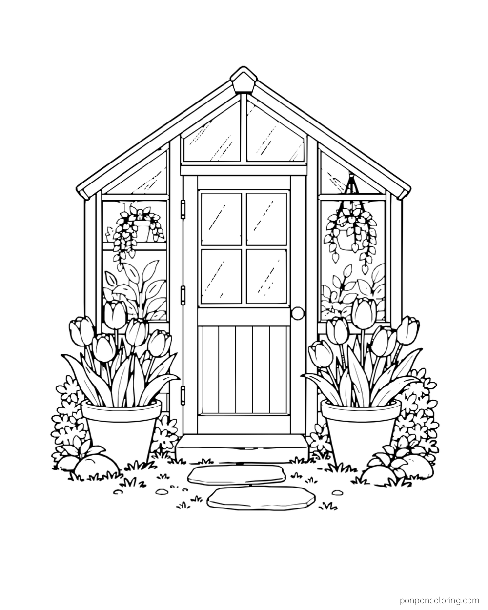 A greenhouse entrance with a tulip pot on each side of its glass door.