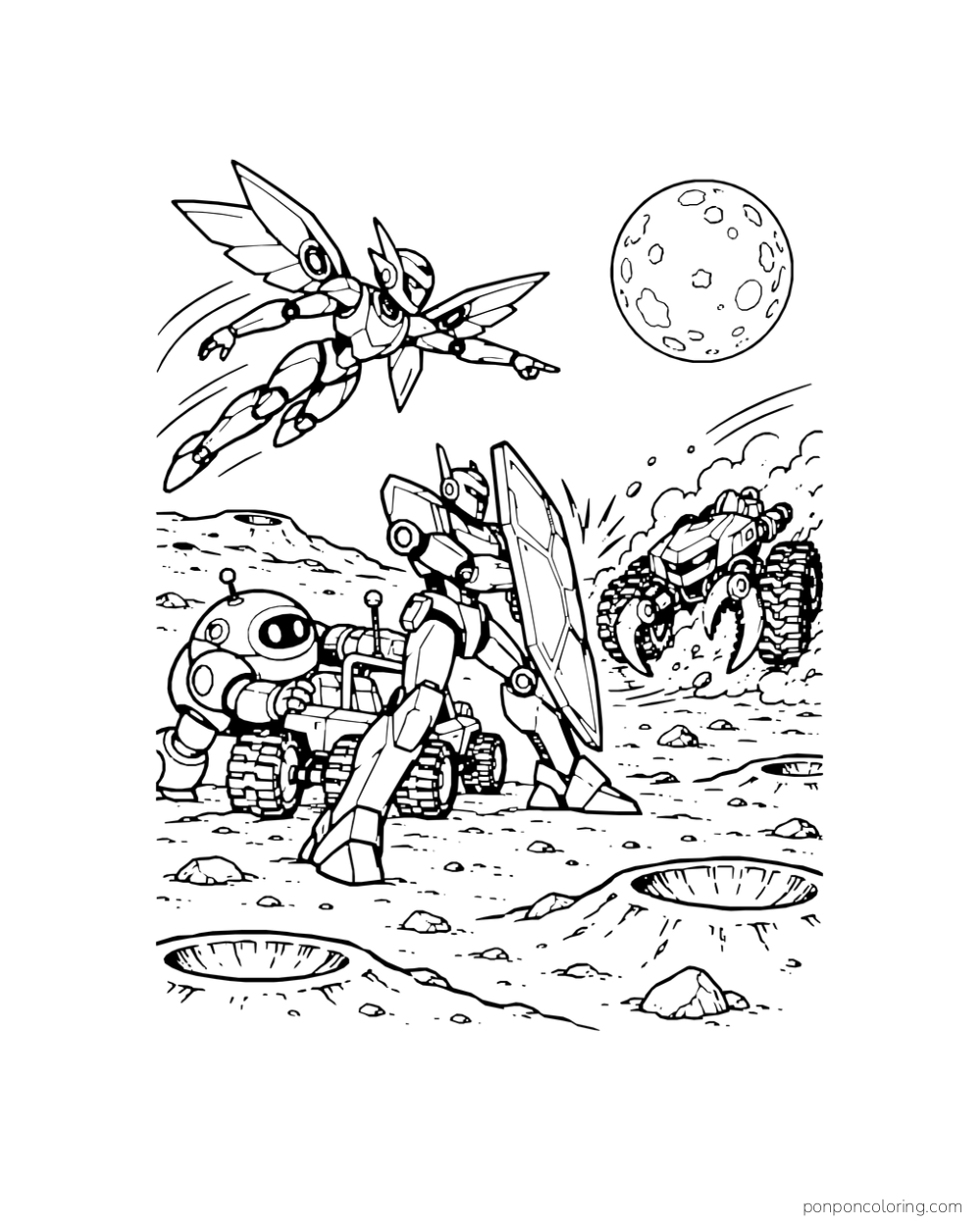 Three robots protect a moon buggy from a charging rogue rover.