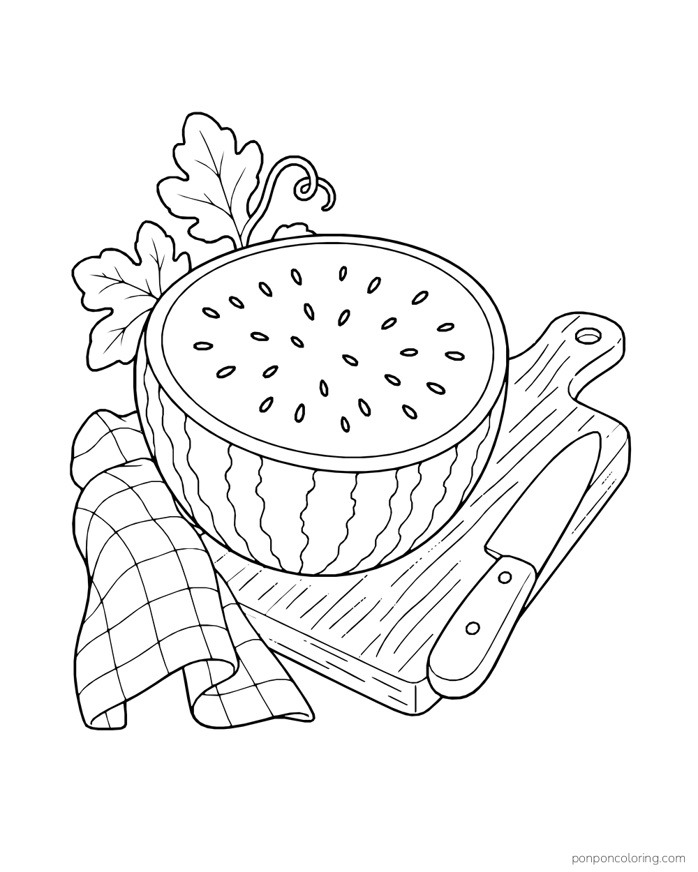 A half watermelon on a cutting board beside a kitchen knife, cloth, and vine leaf.
