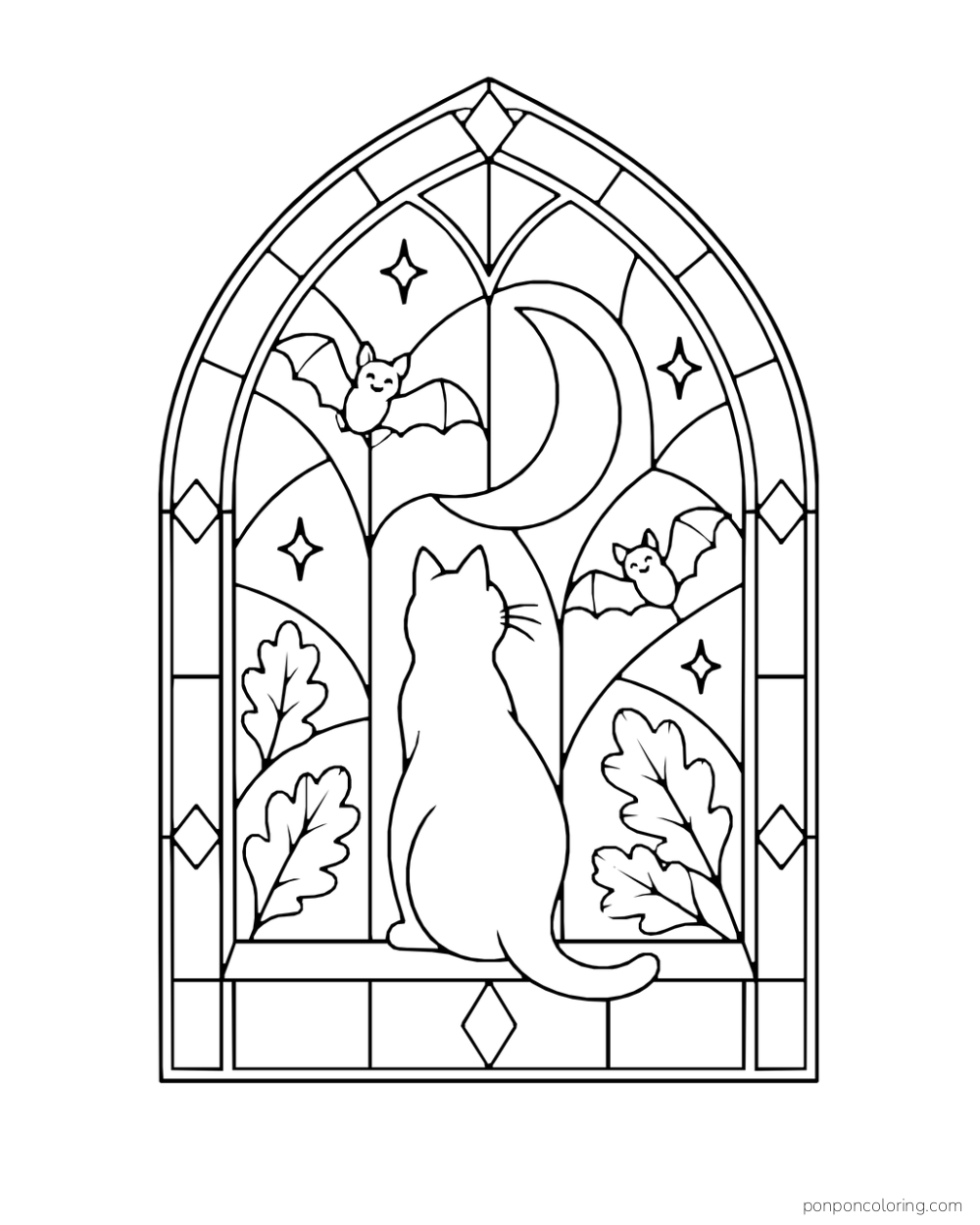 A cat sits in a Gothic arched stained glass window looking toward a crescent moon, two friendly bats and autumn oak leaves.