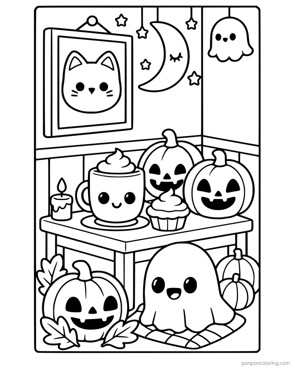A ghost sits beneath a table holding a mug, cupcake, and carved pumpkin, with more pumpkins and wall decorations around it.
