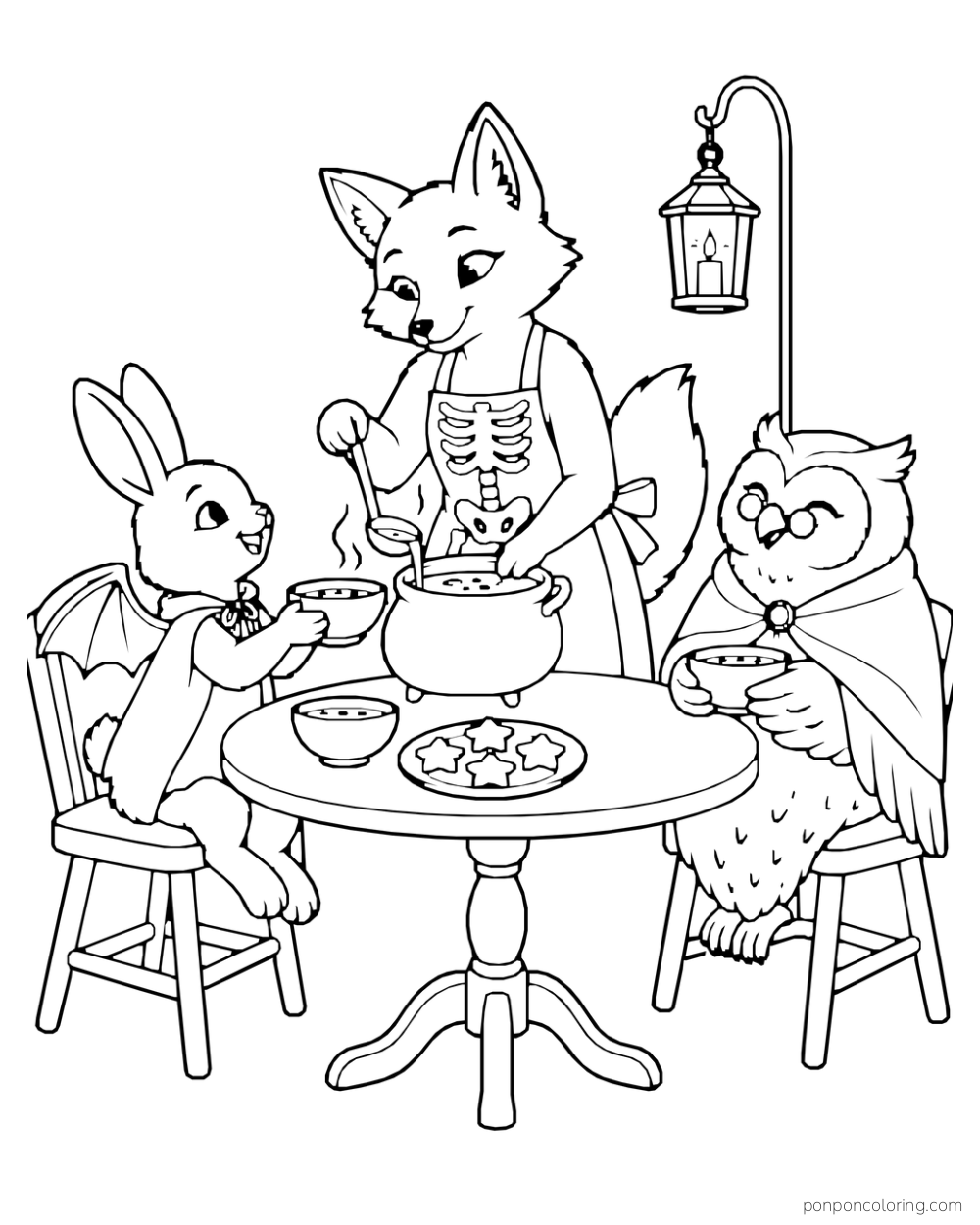 An adult fox serves soup to a rabbit child in bat wings and an elderly owl in a shawl around a round table.