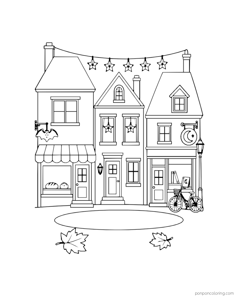 Three small townhouses include a bakery, a home with star lanterns, and a bookshop with a bicycle under paper star decorations.