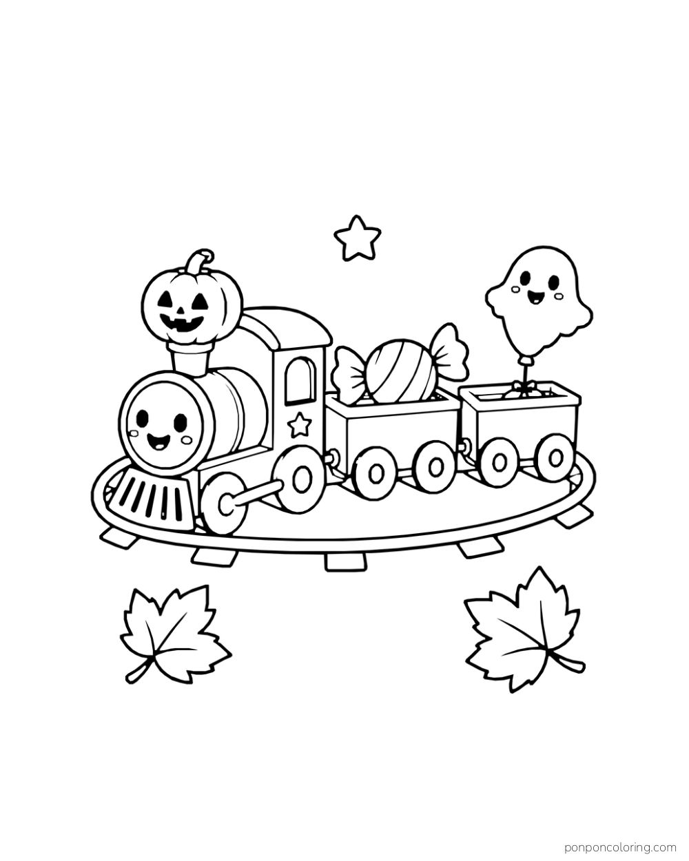 A small smiling train circles with a pumpkin smokestack, wrapped candy wagon and ghost balloon wagon.