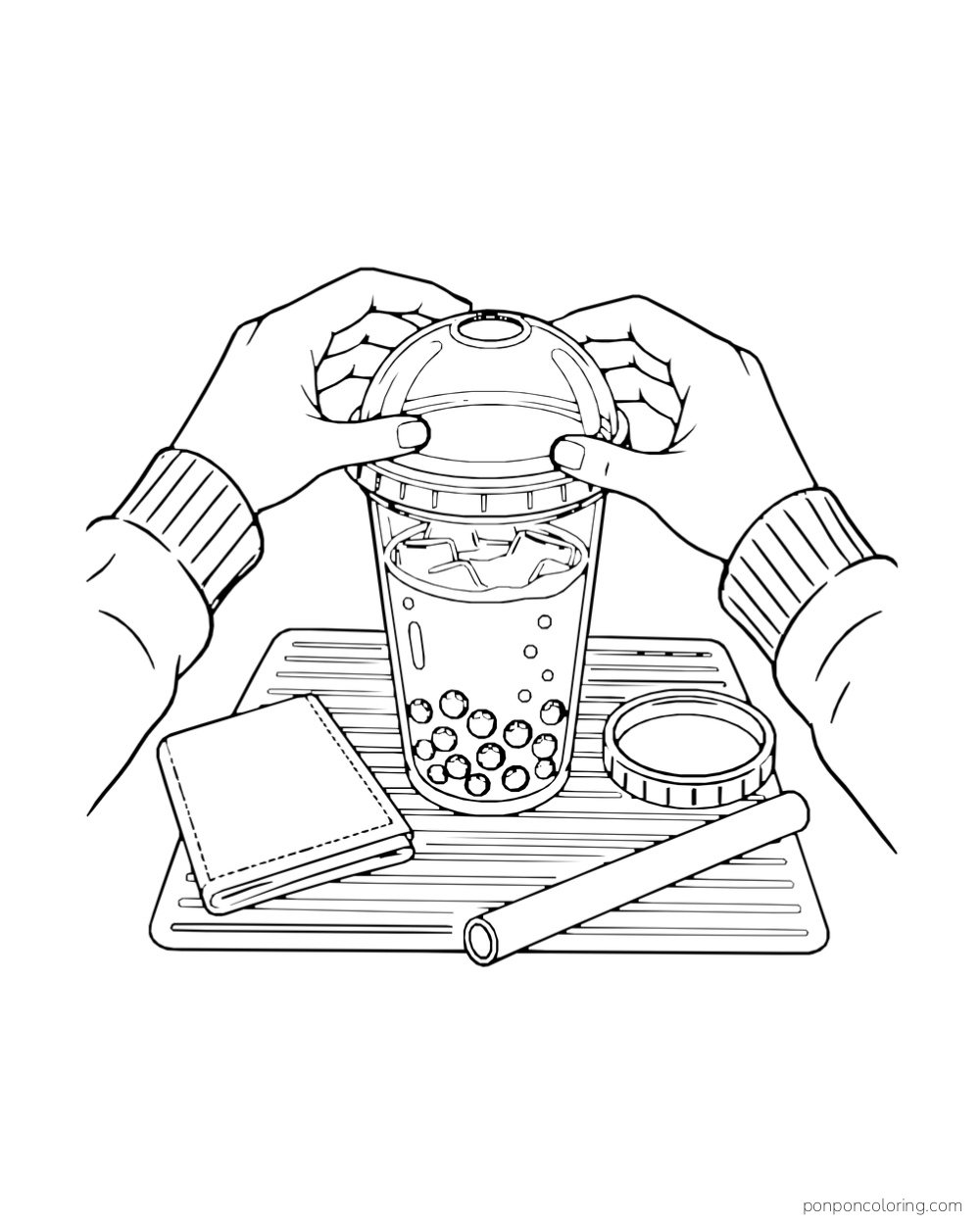Two hands fit a domed lid onto a boba cup with a straw and spare lid ring nearby.