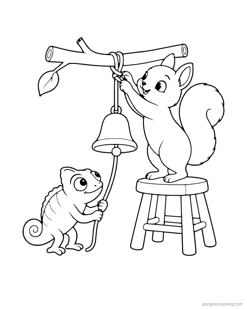 A chameleon holds a bell cord while a squirrel on a stool ties it to a short branch.