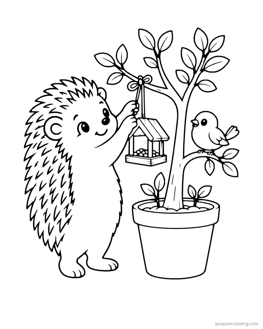 A hedgehog ties a small bird feeder to a branch of a potted tree while a bird watches.