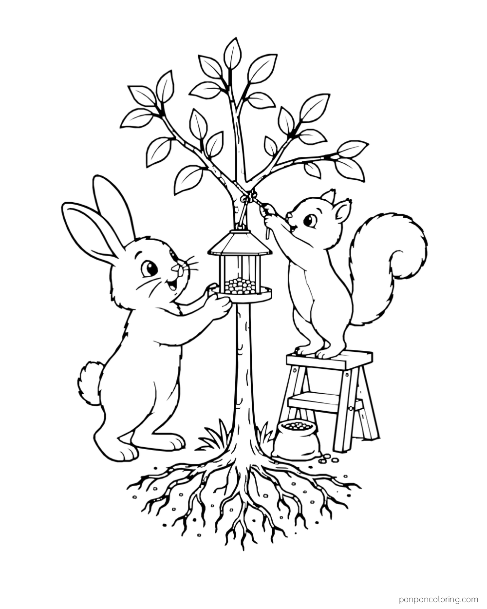A rabbit and squirrel hang a bird feeder from a young tree.