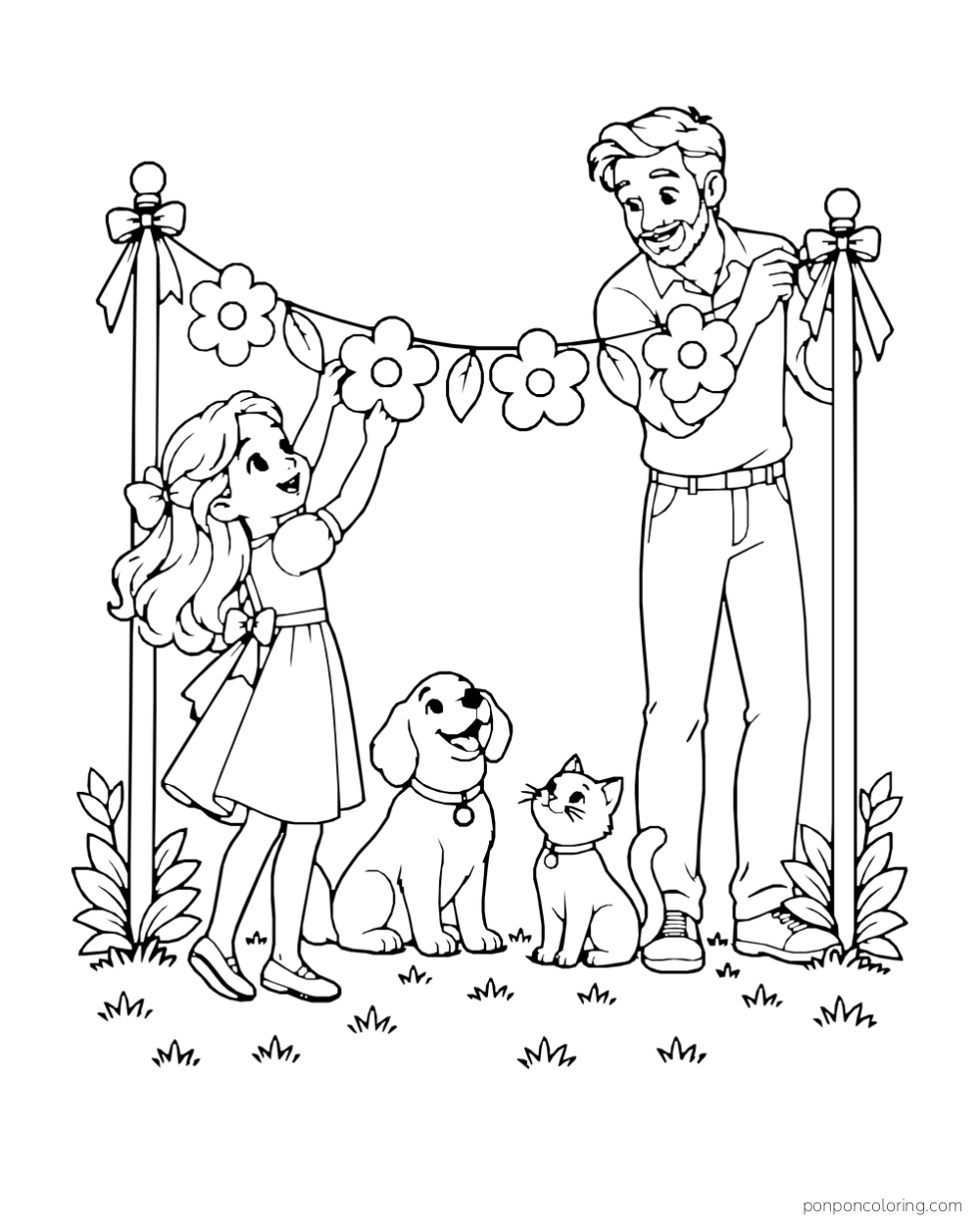 A father and daughter hang a flower garland between two posts while a dog and cat sit below.
