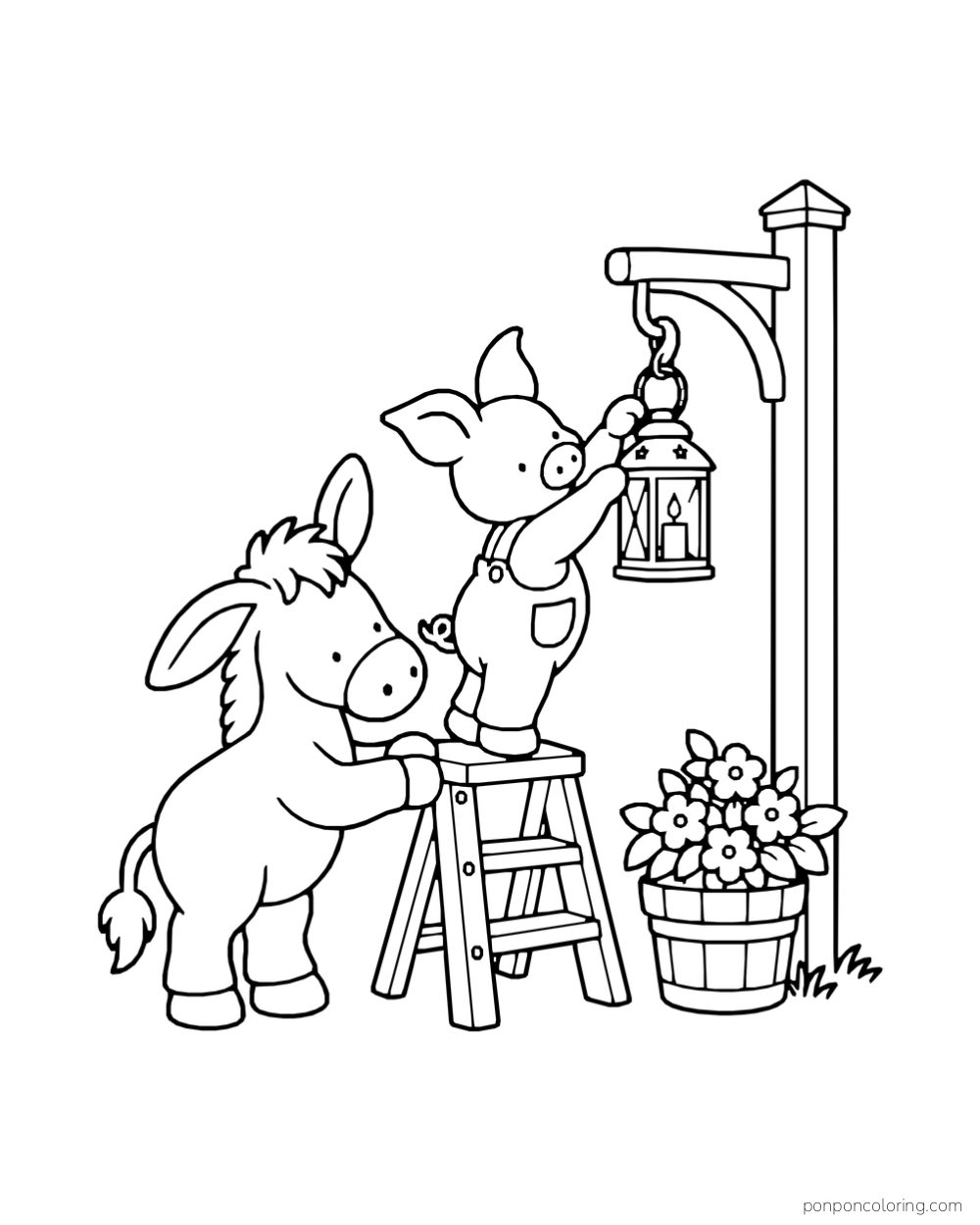 A donkey steadies a stepladder while a pig hangs a lantern.