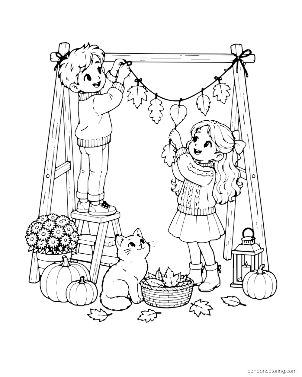 Two children hang a leaf garland on a wooden frame beside pumpkins, flowers, and a cat.