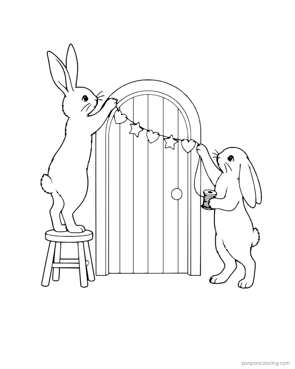 Two rabbits hang a star garland across an arched doorway, one on a stool.