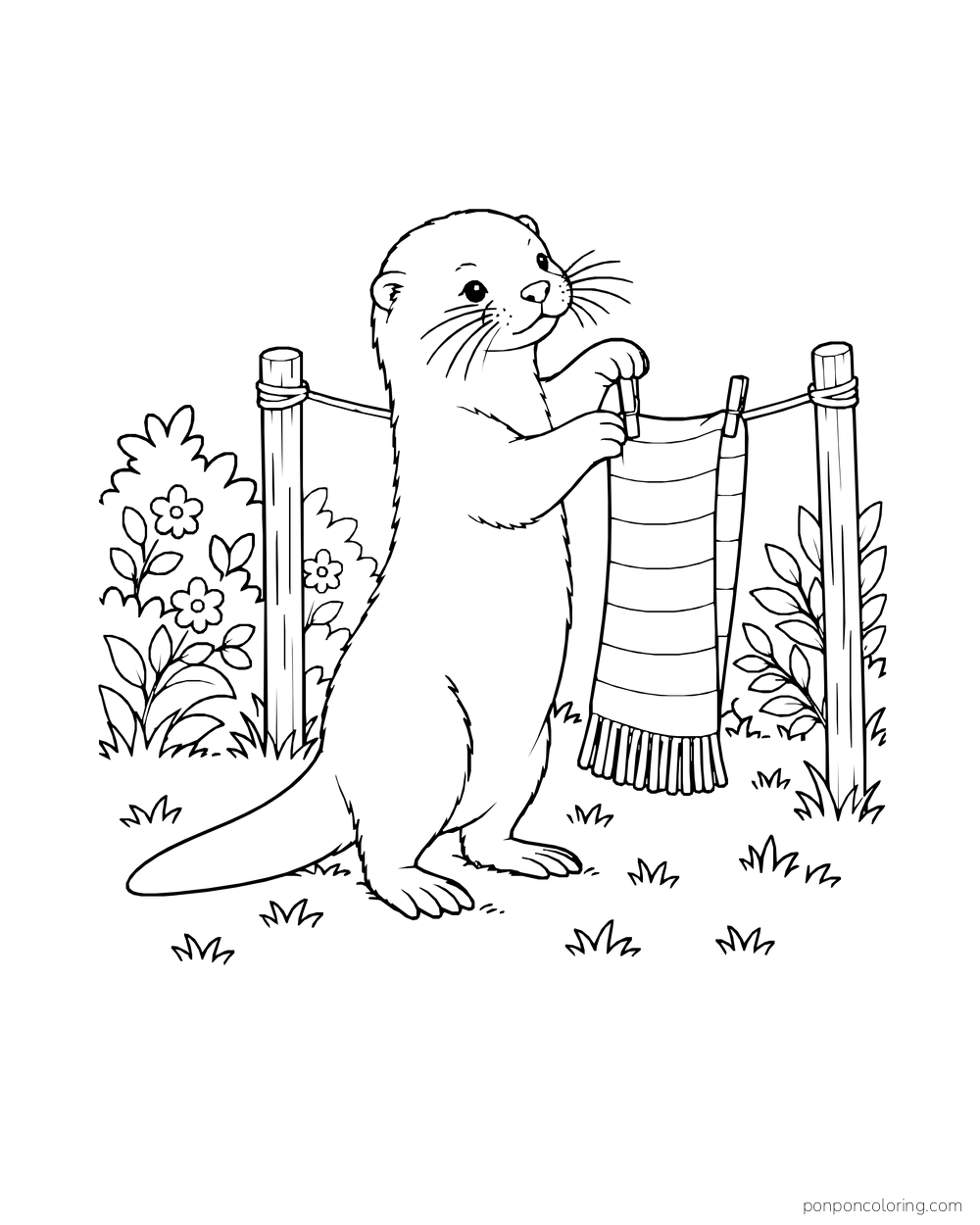 Otter hanging a striped scarf on a low clothesline between garden posts.