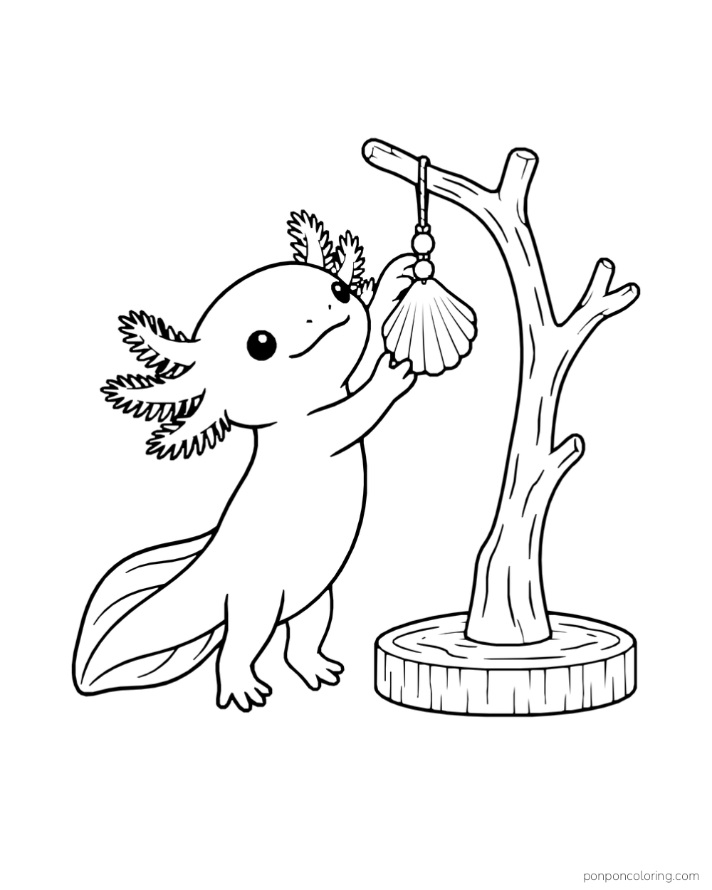 Axolotl reaching toward a hanging shell on a small branching tree.