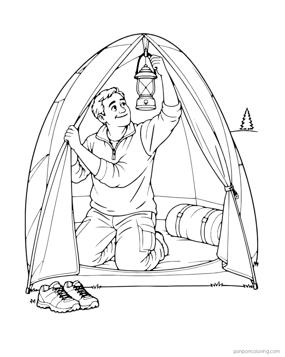 A camper reaches up to clip a lantern to the loop inside a tent.
