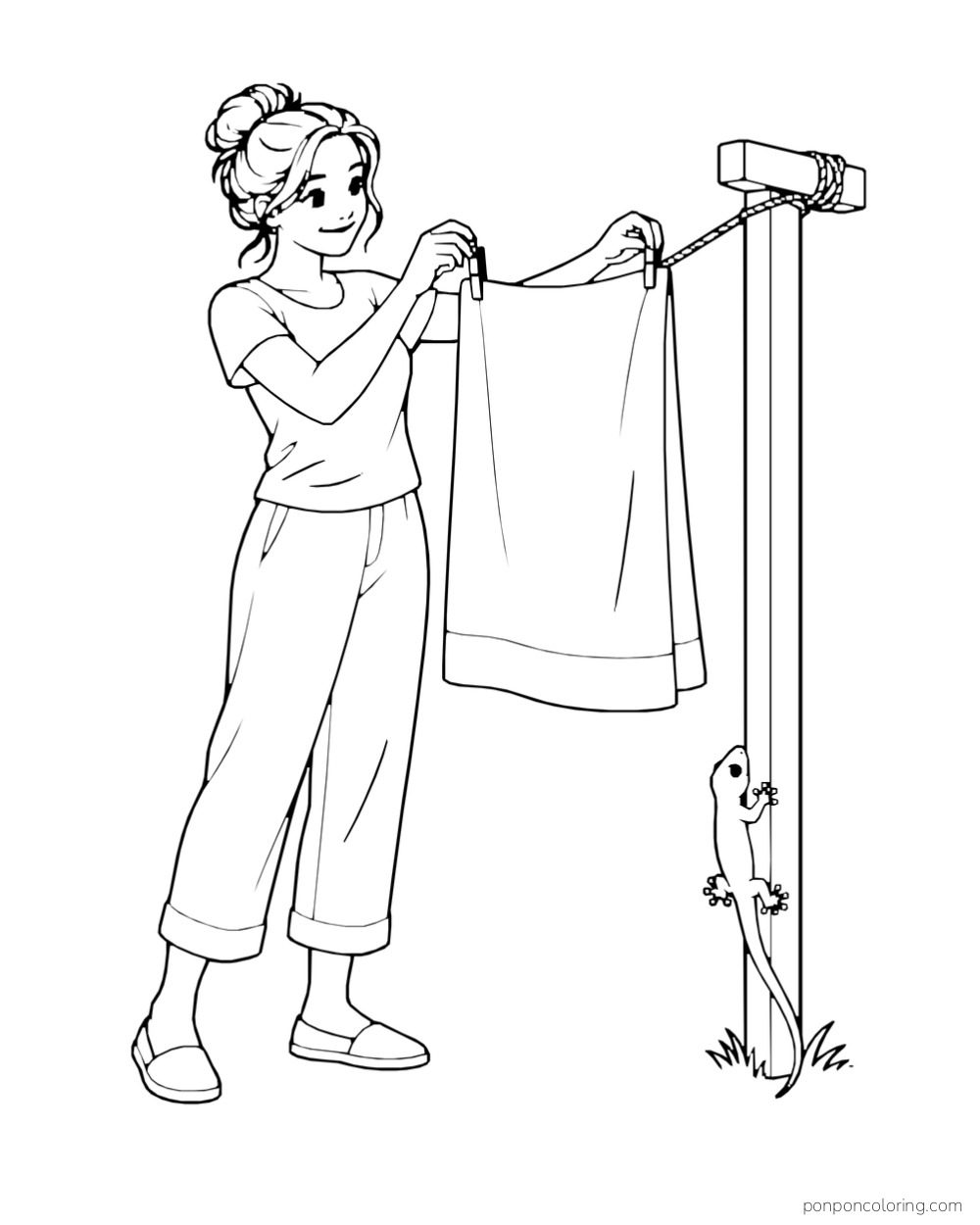 An adult hangs a towel on a short post while a small gecko clings to the wood below.