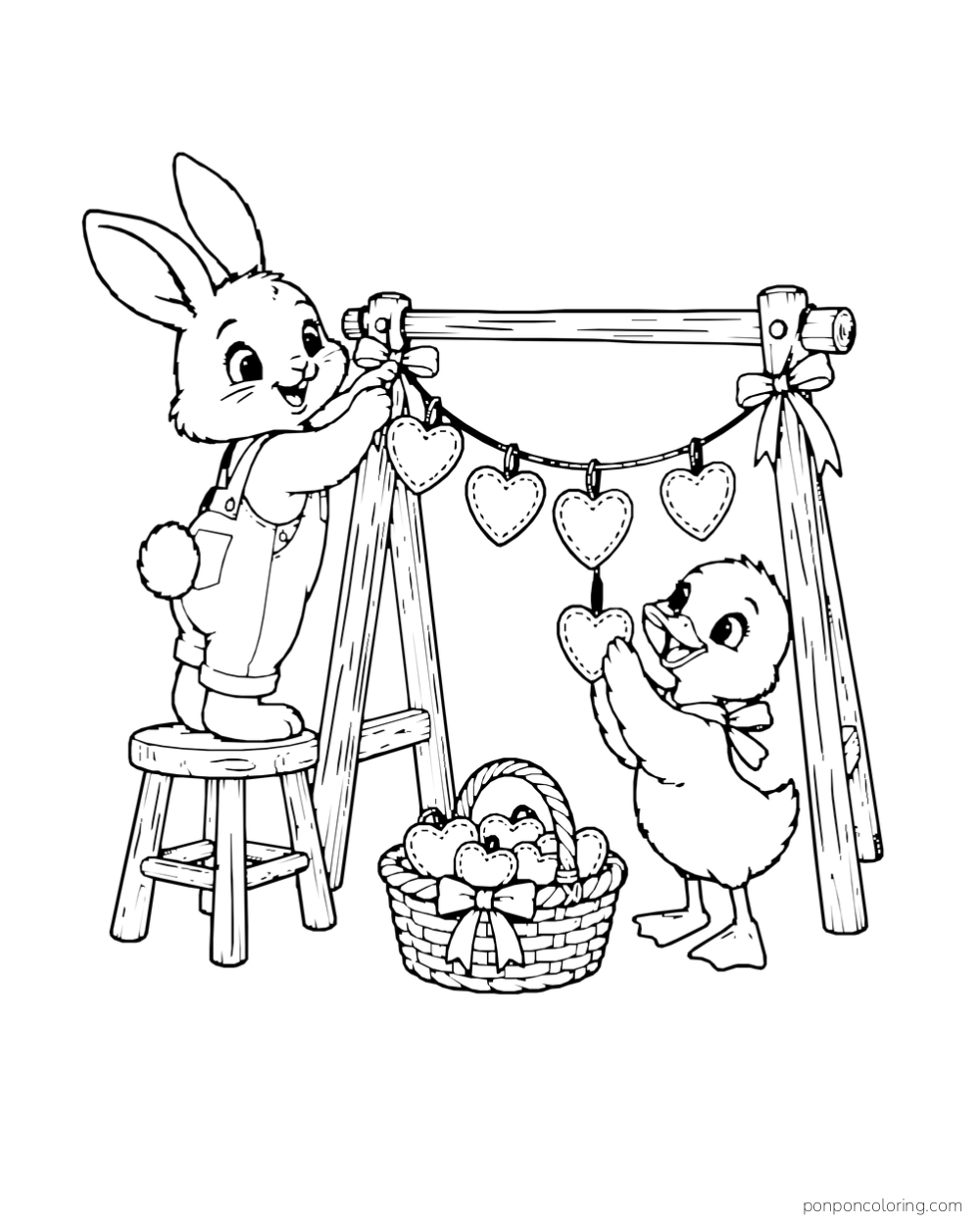 A rabbit and duckling hang heart ornaments across a wooden frame beside a basket.
