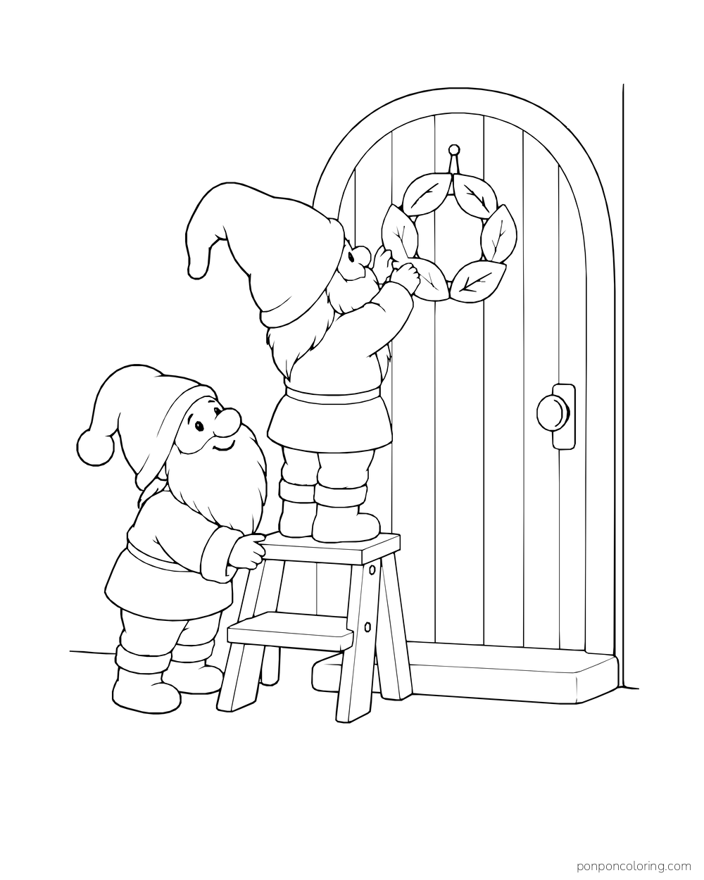 Gnome hanging a leaf wreath on a round door while a smaller gnome steadies the stool.