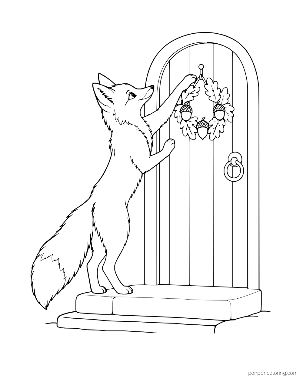 A fox reaches up to hang an acorn-and-oak-leaf wreath on an arched cottage door.