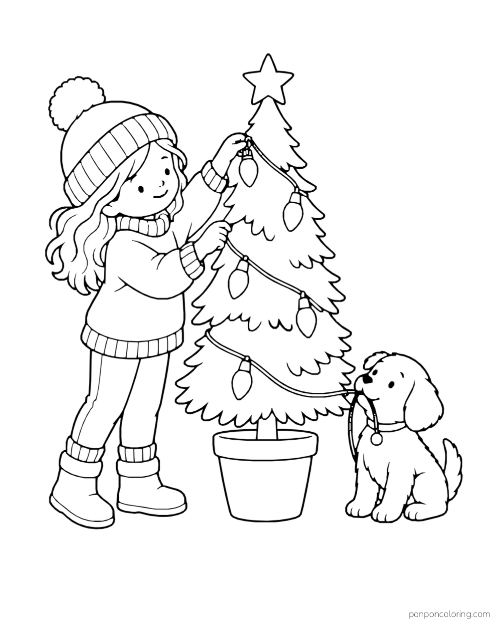 A child hangs a string of large lights on a potted Christmas tree beside a puppy.