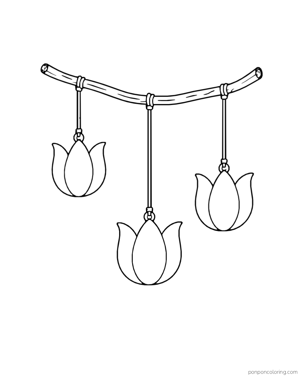 Three paper tulip ornaments hanging at different heights from one curved twig.