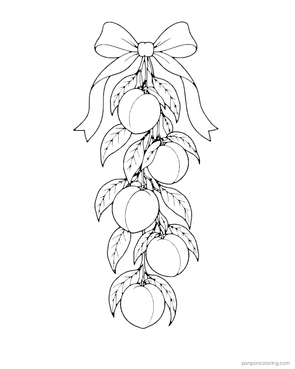 Vertical garland of peaches and leaves suspended from a large bow.