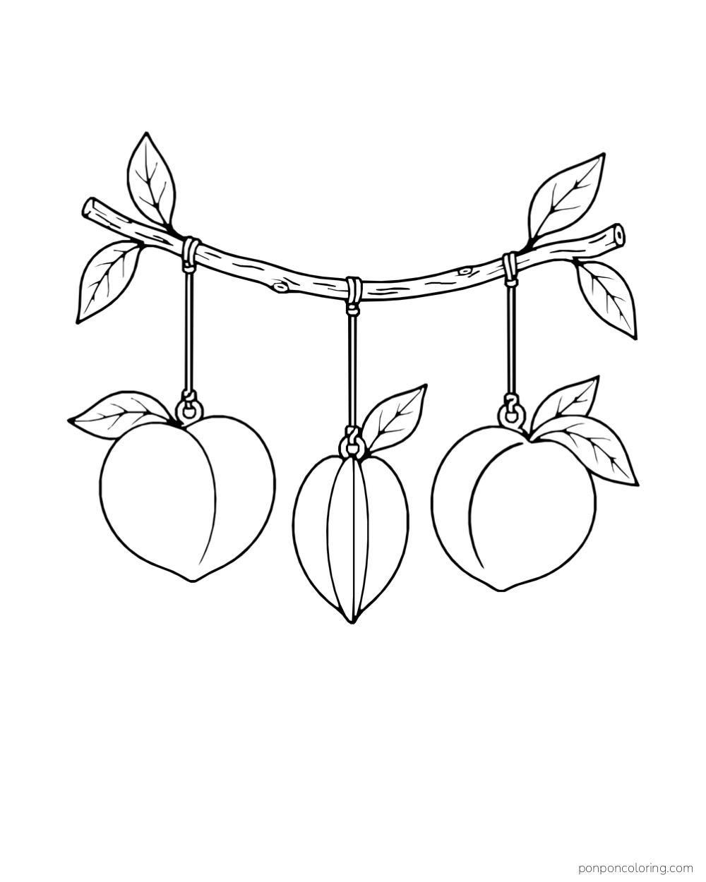 Three peach-shaped ornaments hanging from strings under a curved twig.