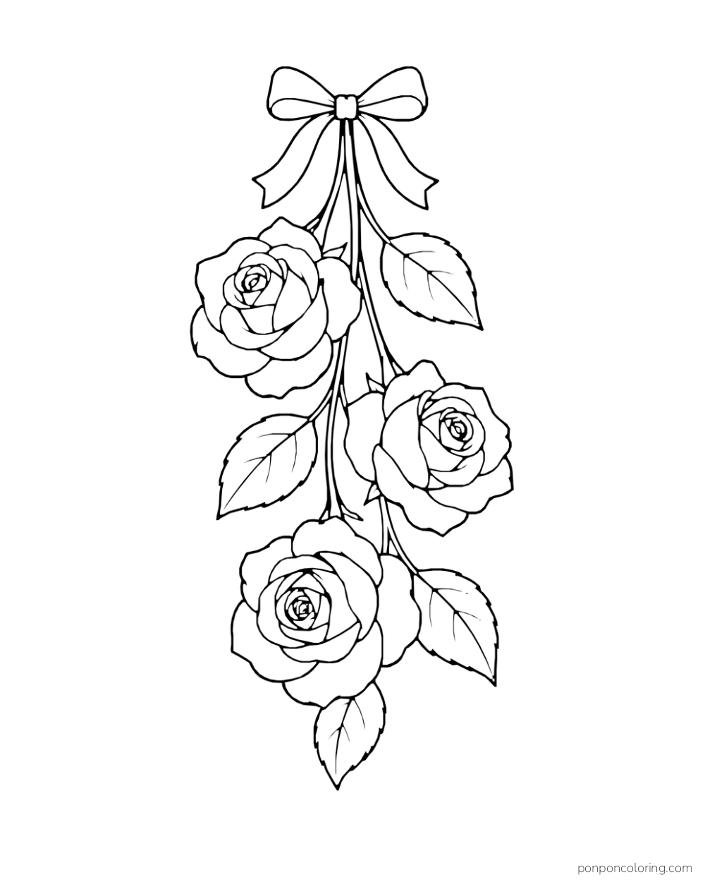Three roses hanging at staggered heights beneath a bow with a few leaves.