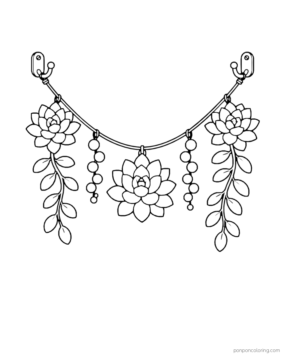 Garland hanging between two hooks with three rosettes, oval-leaf sprigs and short bead strands.