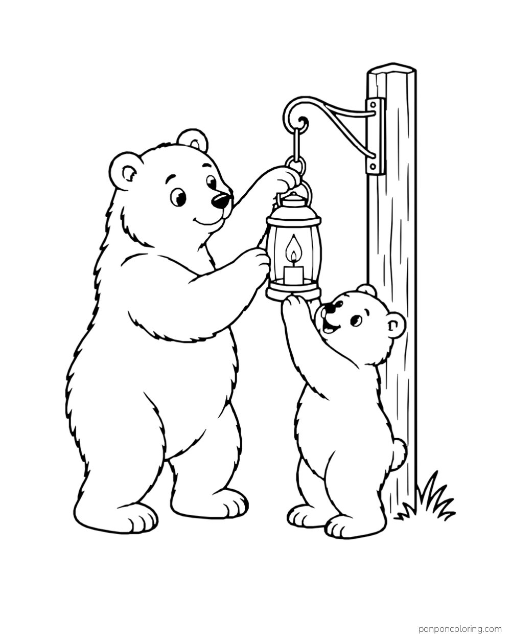 Two bears of different sizes lift a lantern toward a hook on a wooden post.