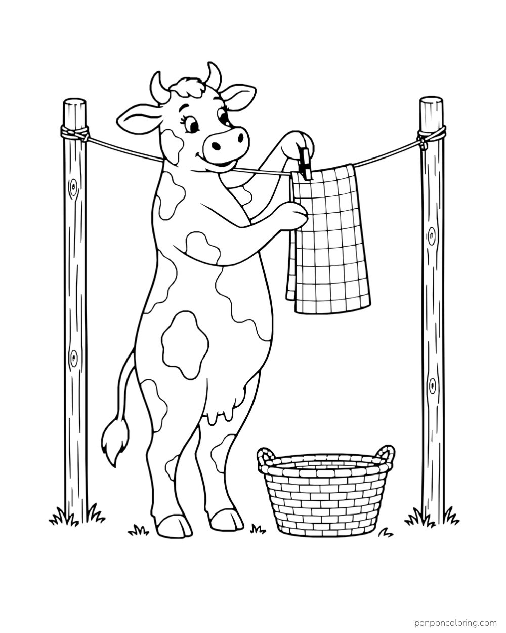 A cow hangs a checked towel on a clothesline above a basket.