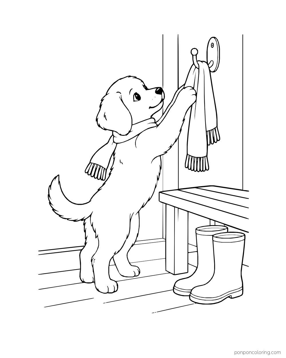 A scarf-wearing puppy reaches toward a wall hook above a bench and boots.