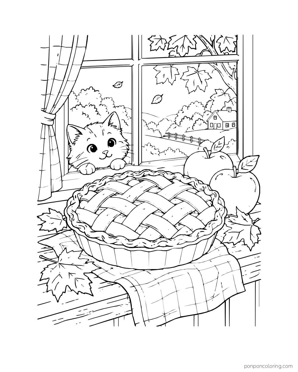 An apple lattice pie cools on a windowsill beside apples and autumn leaves as a kitten watches.