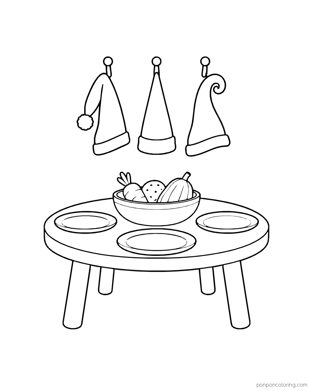 Small round table set with a bowl of vegetables and three plates beneath three hanging pointed hats.