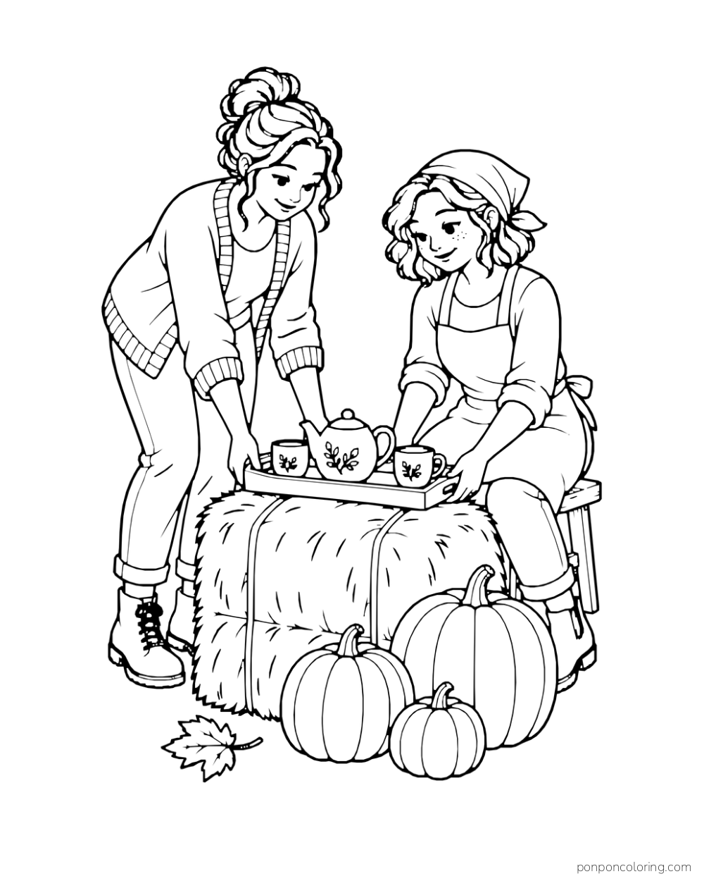Two friends set a tea tray on a hay bale beside three pumpkins.