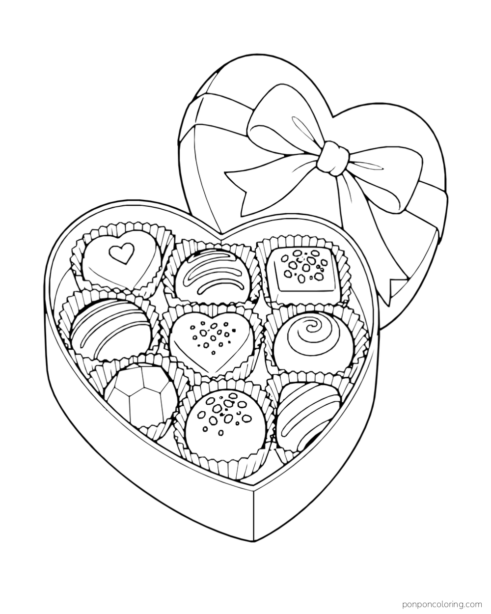 An open heart-shaped gift box holds assorted decorated chocolates beneath a ribboned lid.