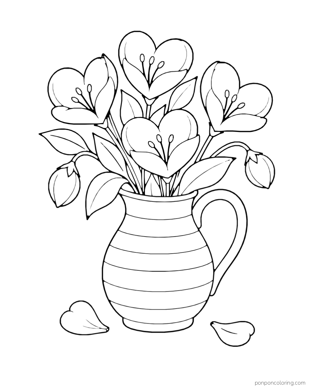 Heart-shaped flowers fill a striped jug, with two fallen petals beside it.